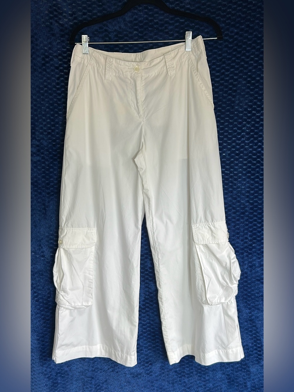 Newport News Women s6 Y2K Cargo  Pants White Cotton Wide-Leg Pockets Button Zip